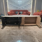 Two-Tone Curved TV Stand with White Marble Top and High-Gloss Wood Panels